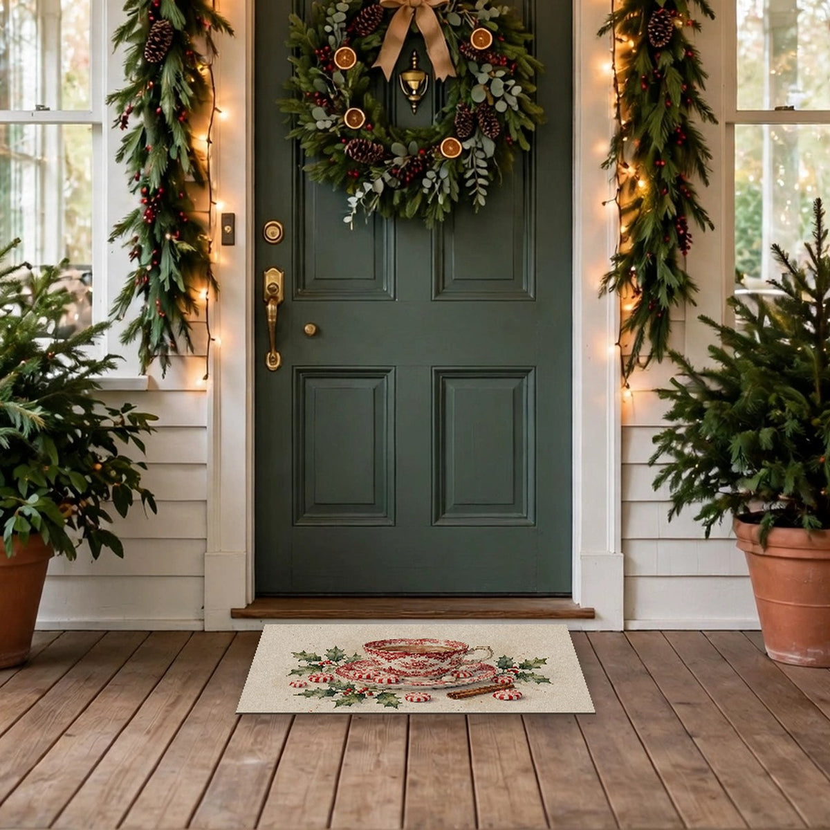 Christmas Teacup with Peppermints Doormat – Style 2 at a front door