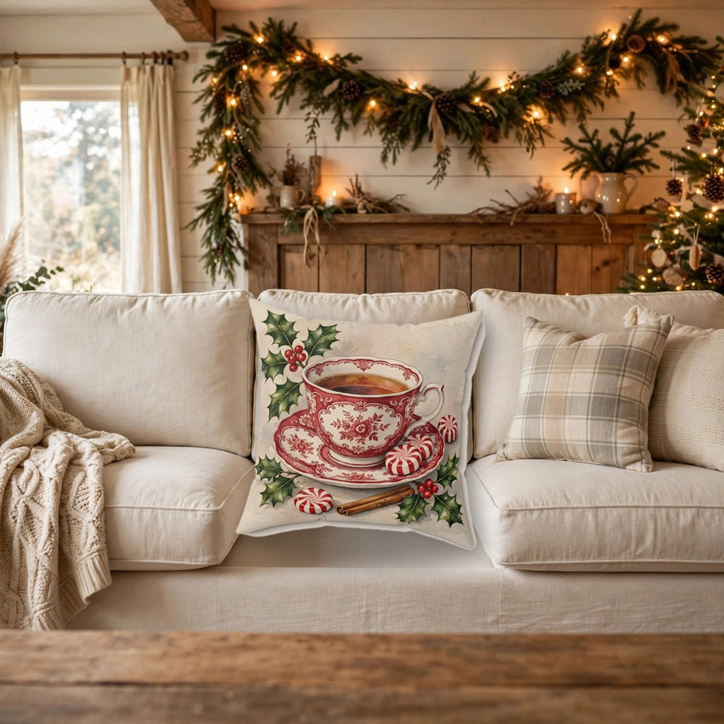 Christmas Teacup with Peppermints Throw Pillow on a cozy sofa