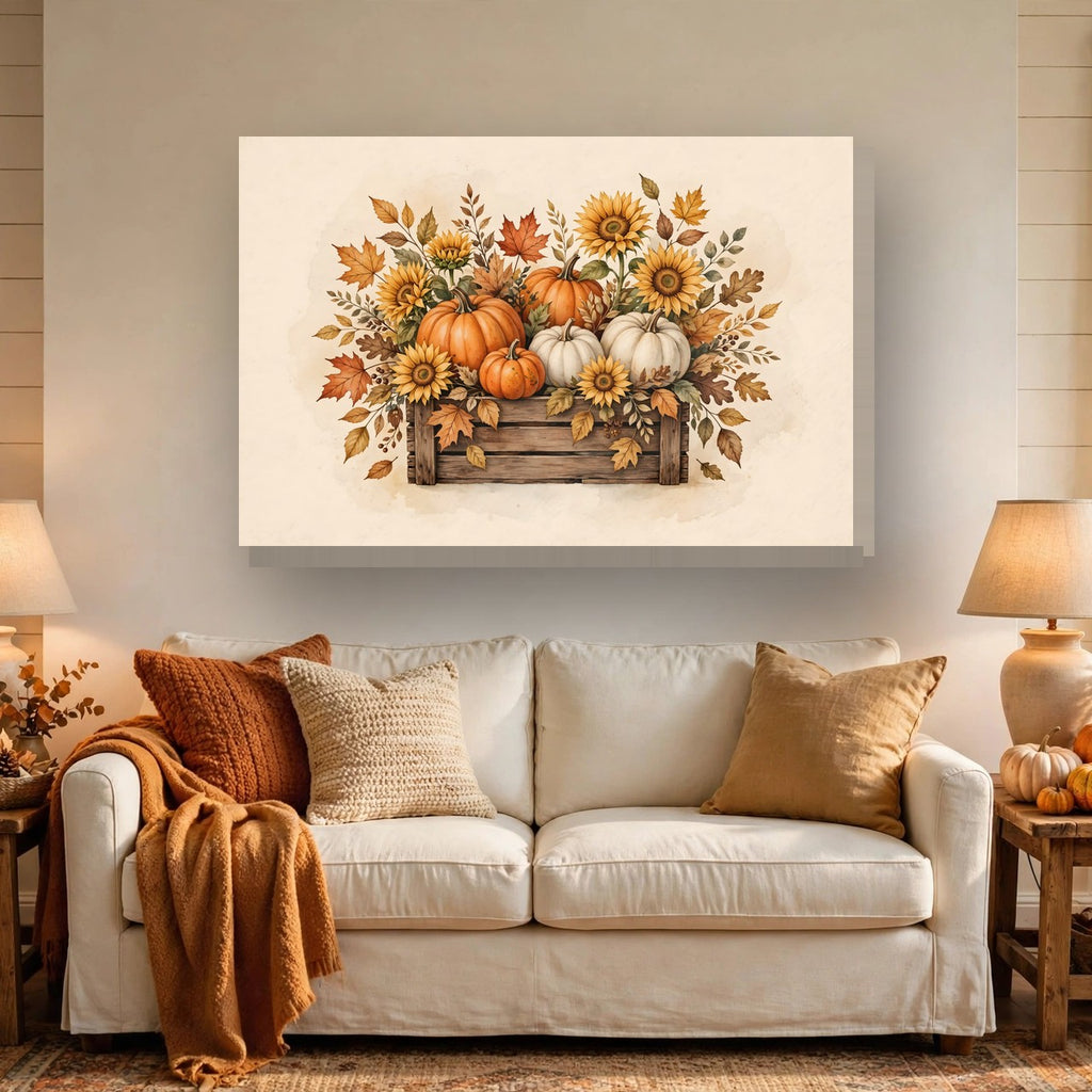 Pumpkins and Sunflowers Harvest Canvas Wall Art hanging above a sofa