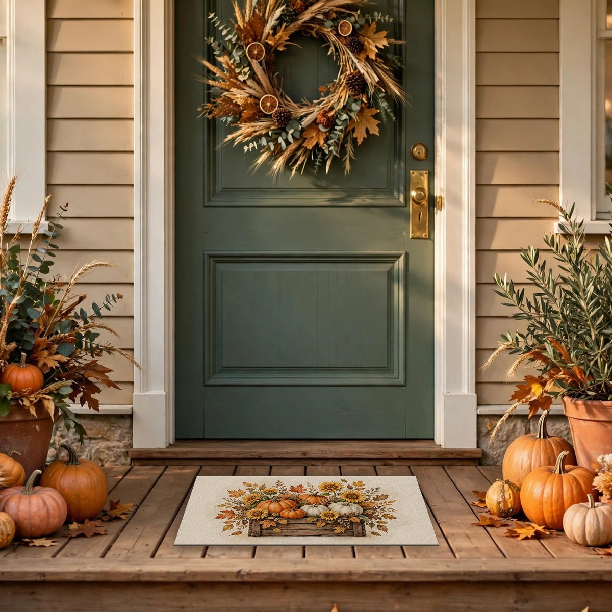 Pumpkins and Sunflowers Harvest Doormat at a front door