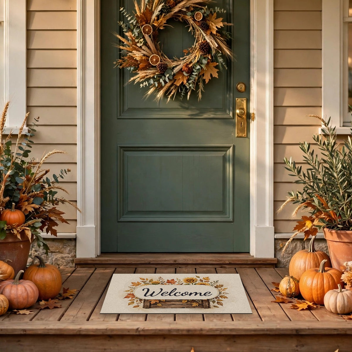 Pumpkins and Sunflowers Harvest Welcome Doormat at a front door