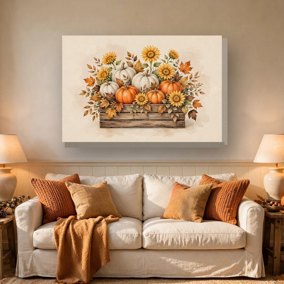 Pumpkins and Sunflowers Harvest Canvas Wall Art – Style 2 hanging above a sofa