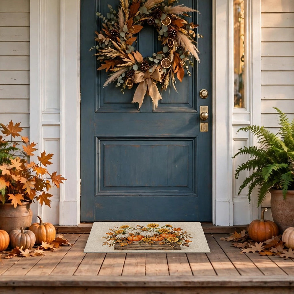 Pumpkins and Sunflowers Harvest Doormat – Style 2 at a front door