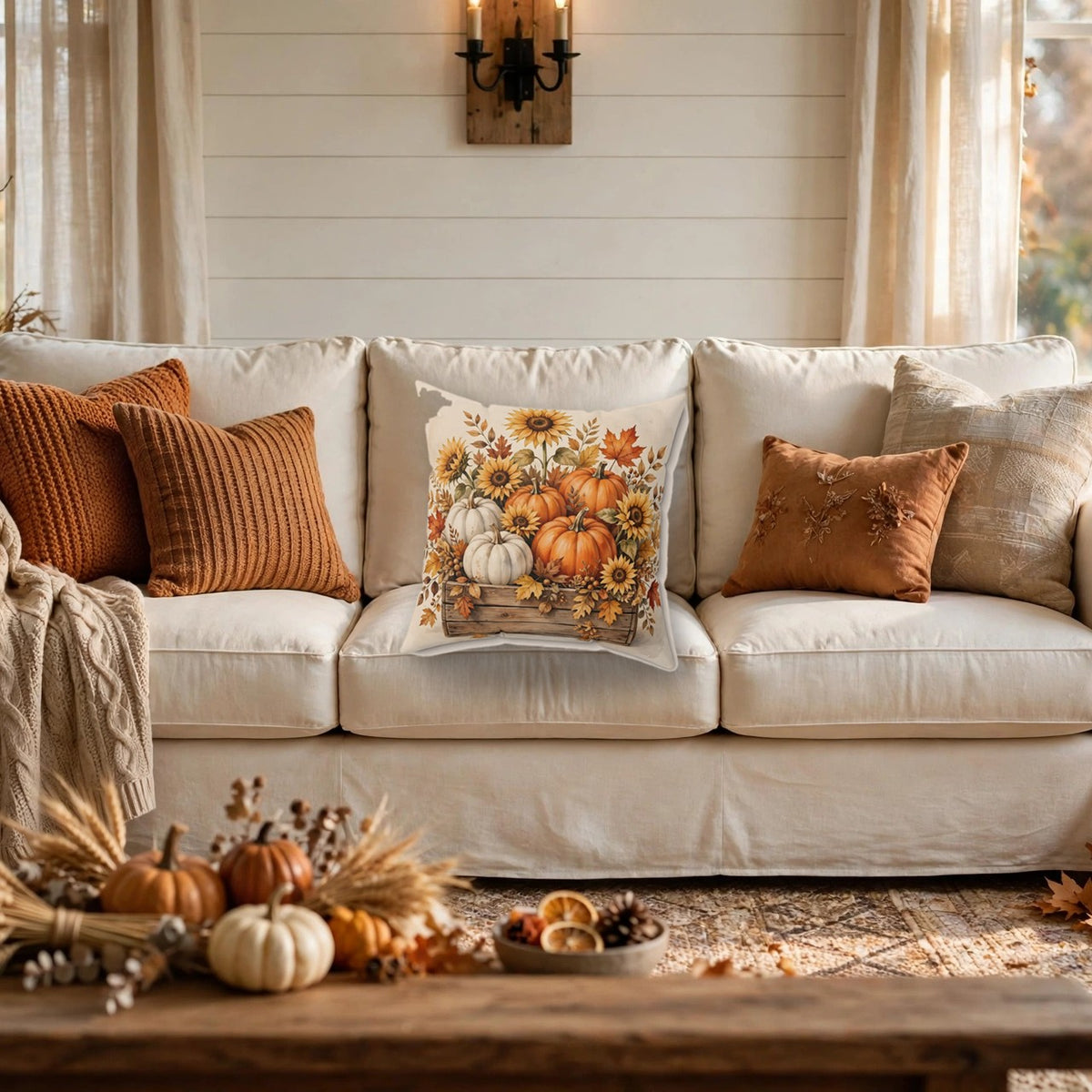 Pumpkins and Sunflowers Harvest Throw Pillow on a cozy sofa