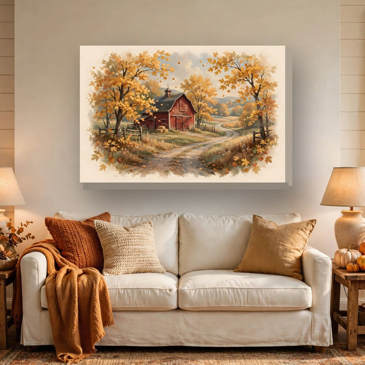Autumn Red Barn Landscape Canvas Wall Art hanging above a sofa