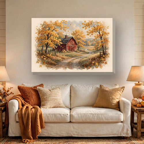 Autumn Red Barn Landscape Canvas Wall Art hanging above a sofa