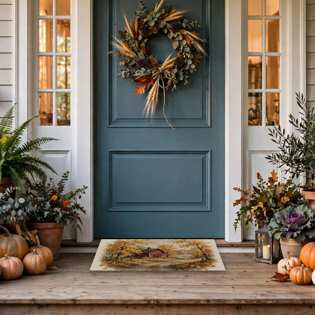 Autumn Red Barn Landscape Doormat at a front door