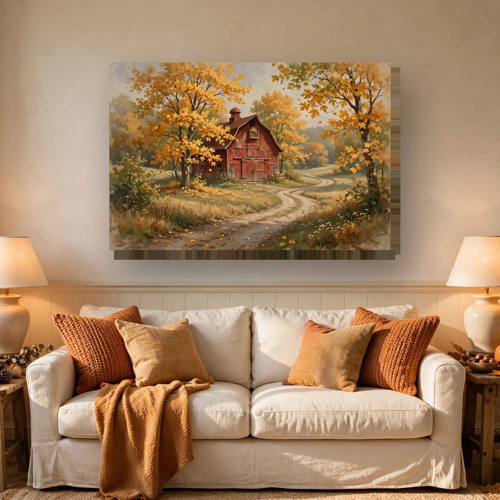 Autumn Red Barn Landscape Canvas Wall Art – Style 2 hanging above a sofa