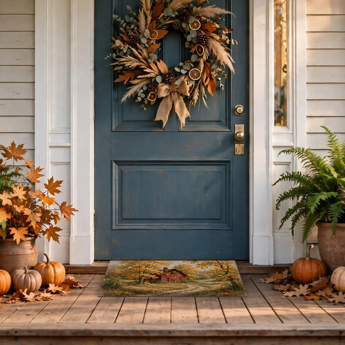 Autumn Red Barn Landscape Doormat – Style 2 at a front door