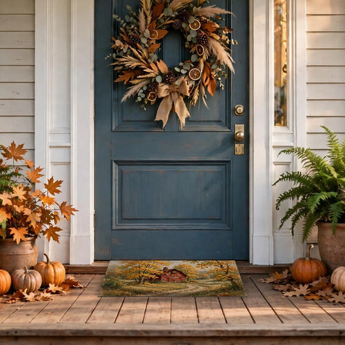 Autumn Red Barn Landscape Doormat – Style 2 at a front door