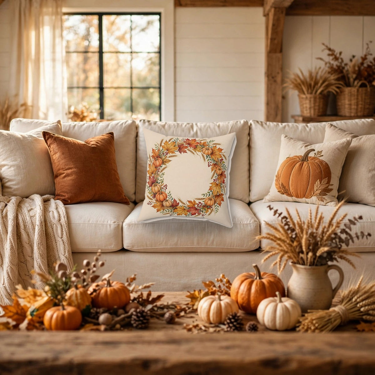 Fall Wreath of Leaves and Berries Throw Pillow on a cozy sofa