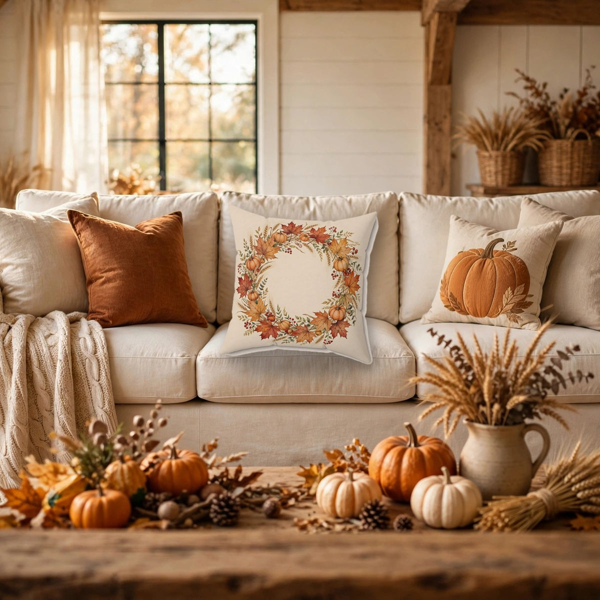 Fall Wreath of Leaves and Berries Throw Pillow – Style 2 on a cozy sofa