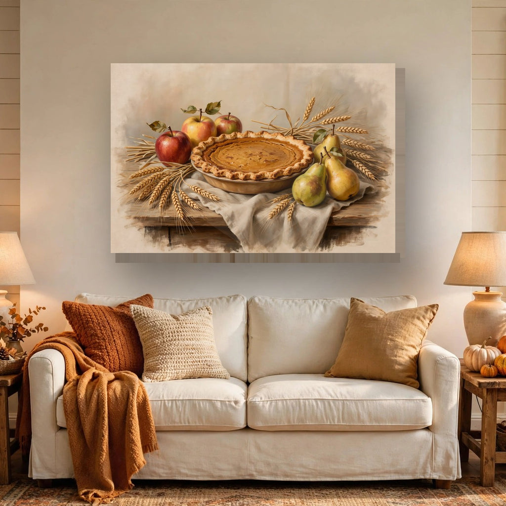 Thanksgiving Table Still Life Canvas Wall Art hanging above a sofa