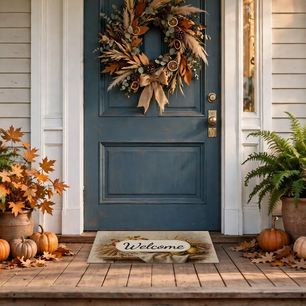 Thanksgiving Table Still Life Welcome Doormat at a front door