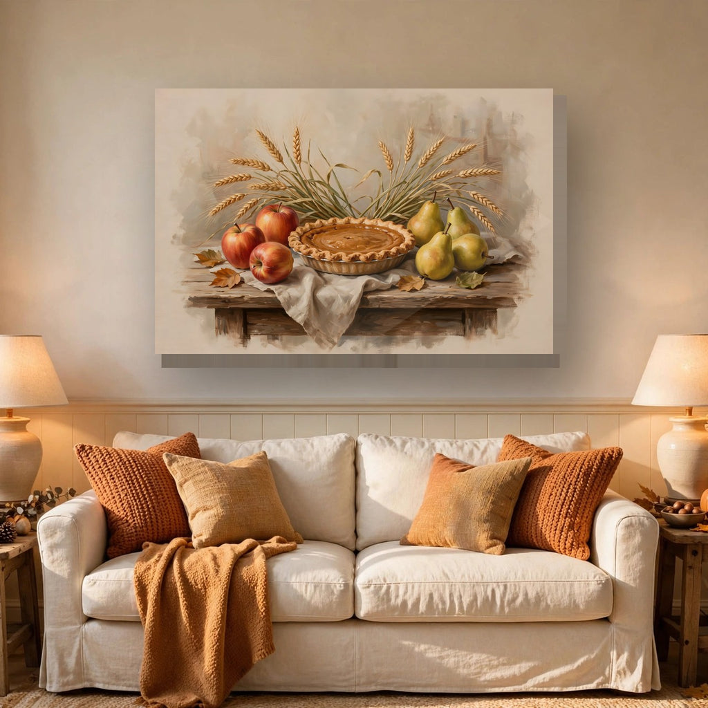 Thanksgiving Table Still Life Canvas Wall Art – Style 2 hanging above a sofa