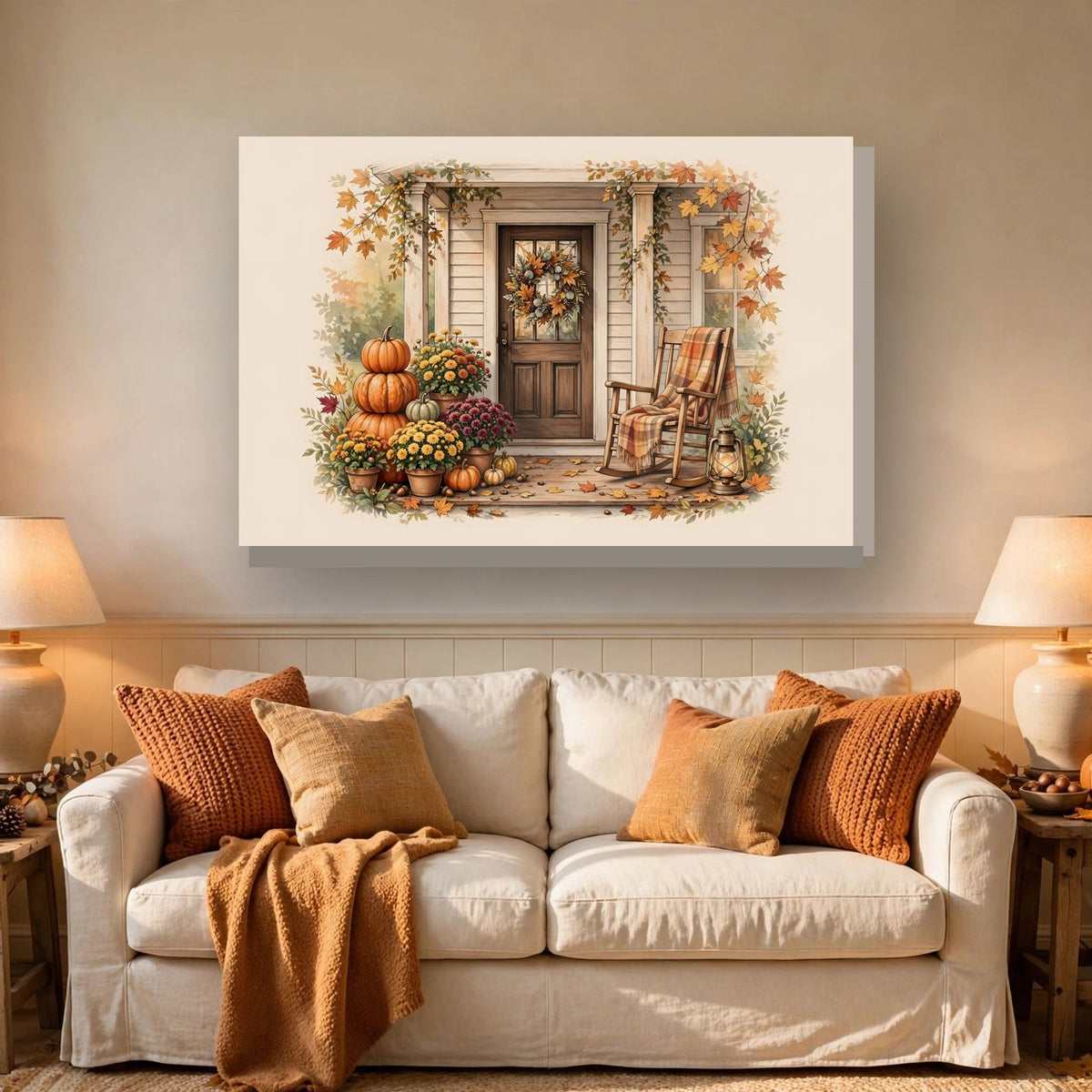 Cozy Fall Front Porch Canvas Wall Art hanging above a sofa