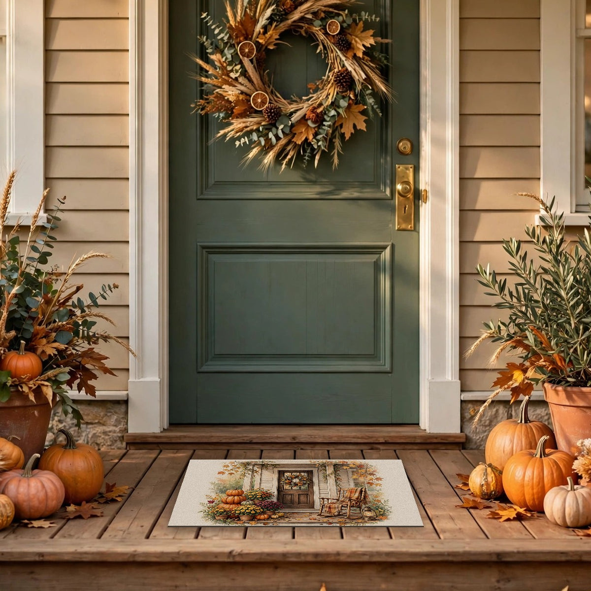 Cozy Fall Front Porch Doormat at a front door