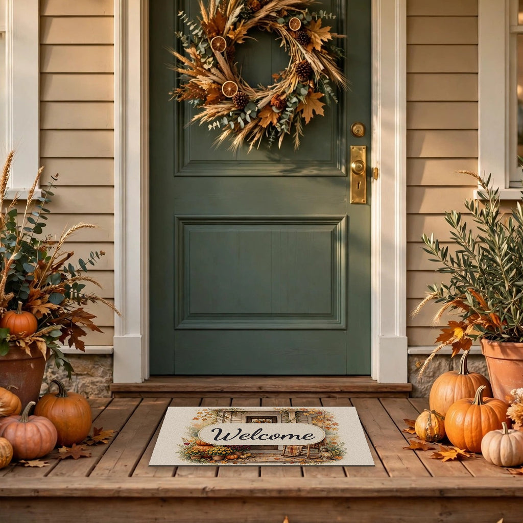 Cozy Fall Front Porch Welcome Doormat at a front door