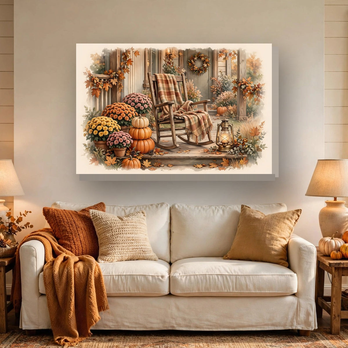 Cozy Fall Front Porch Canvas Wall Art – Style 2 hanging above a sofa