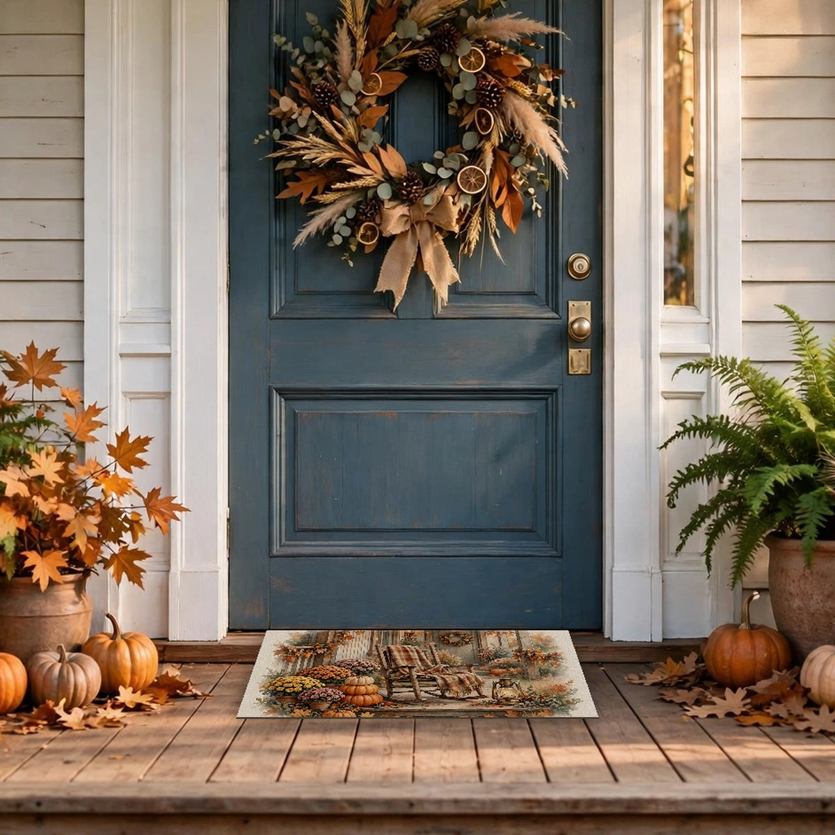 Cozy Fall Front Porch Doormat – Style 2 at a front door