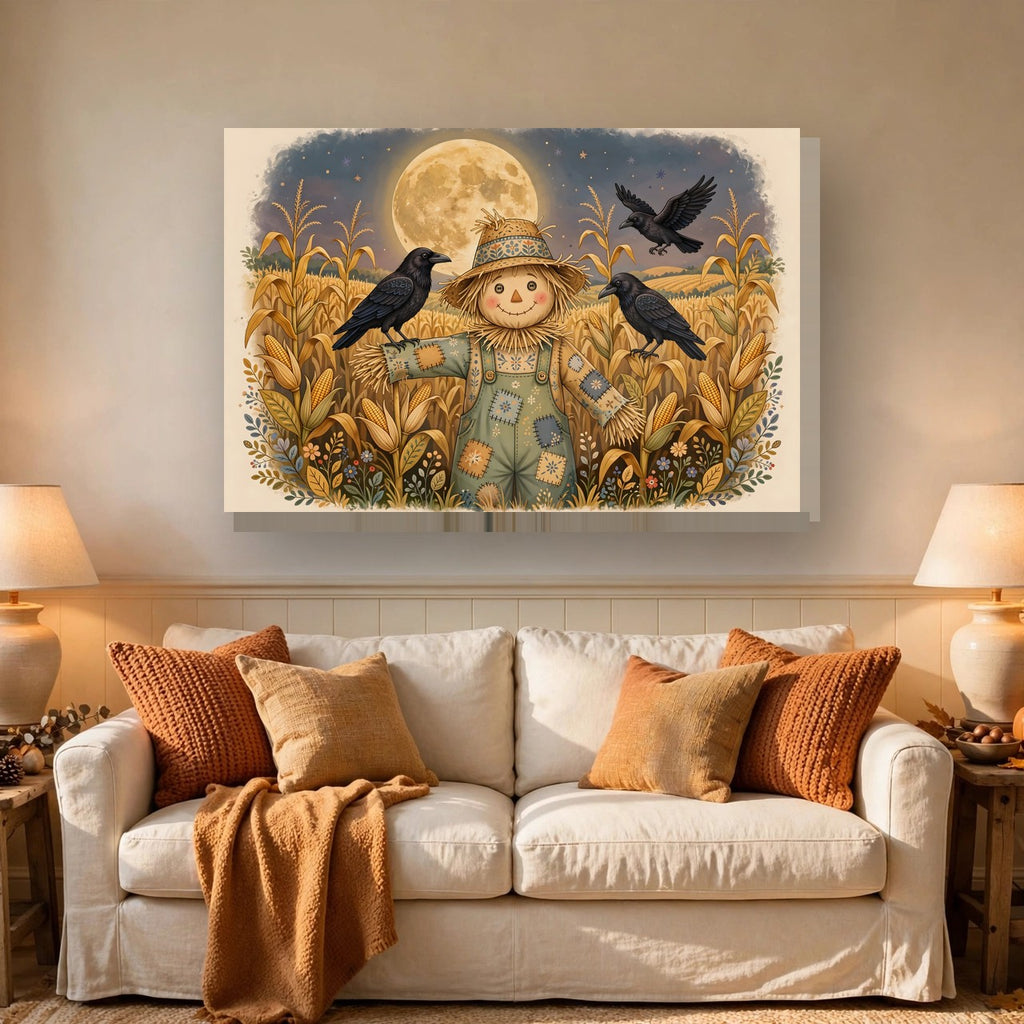 Scarecrow and Crows in the Cornfield Canvas Wall Art hanging above a sofa