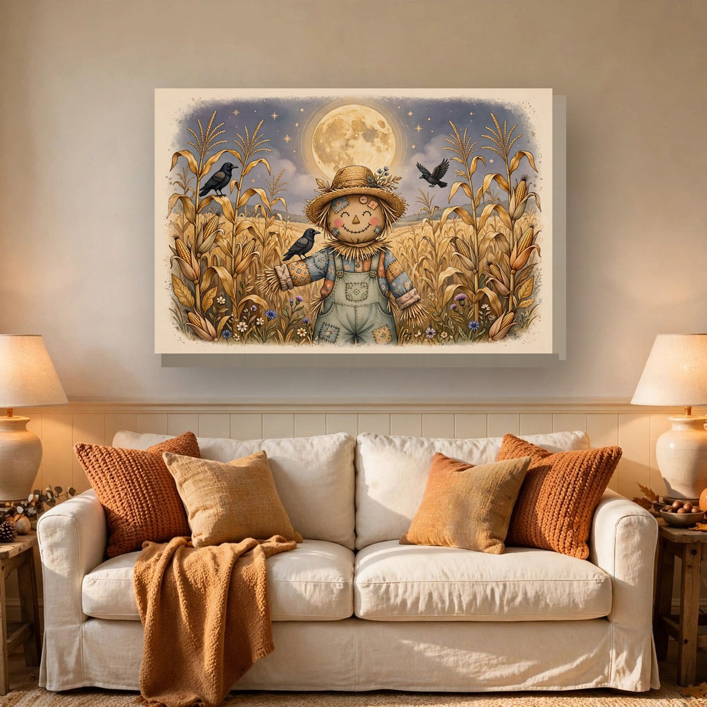 Scarecrow and Crows in the Cornfield Canvas Wall Art – Style 2 hanging above a sofa