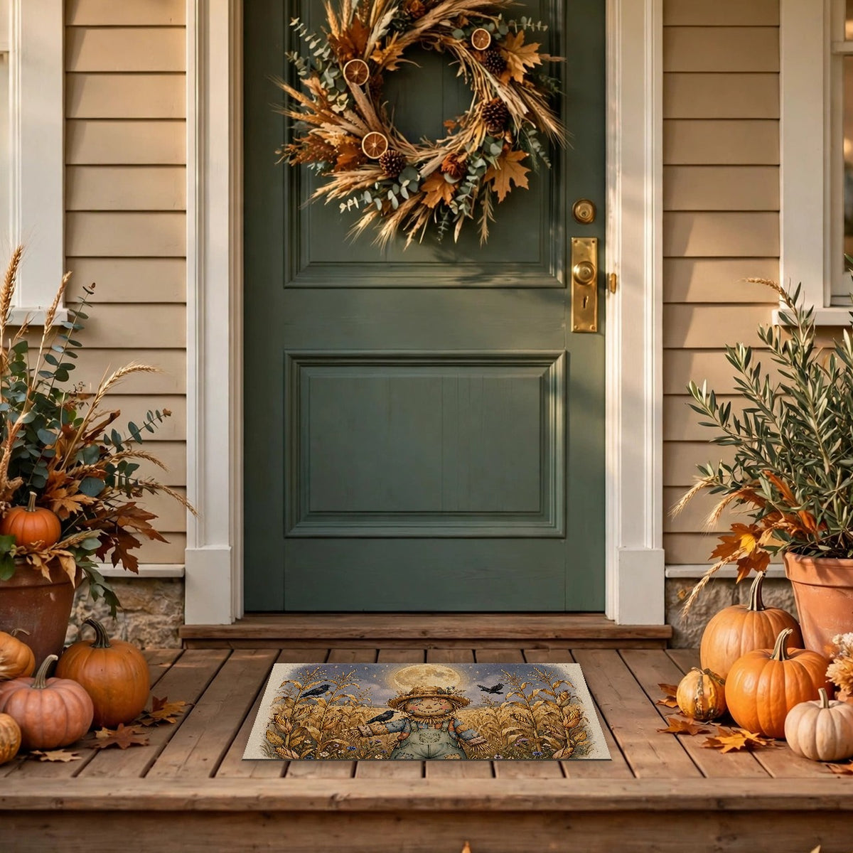 Scarecrow and Crows in the Cornfield Doormat – Style 2 at a front door