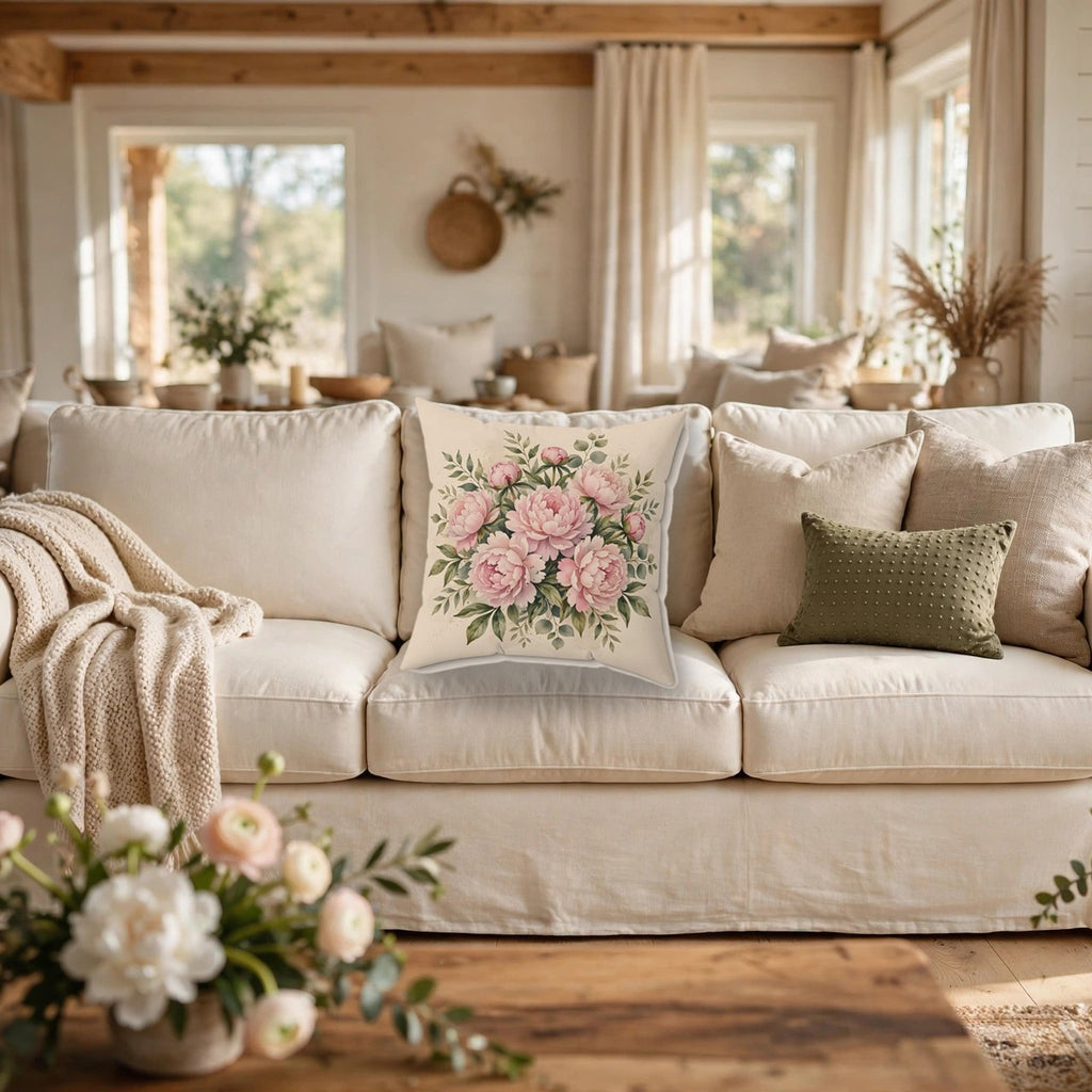 Pink Peonies Watercolor Throw Pillow – Style 2 on a cozy sofa