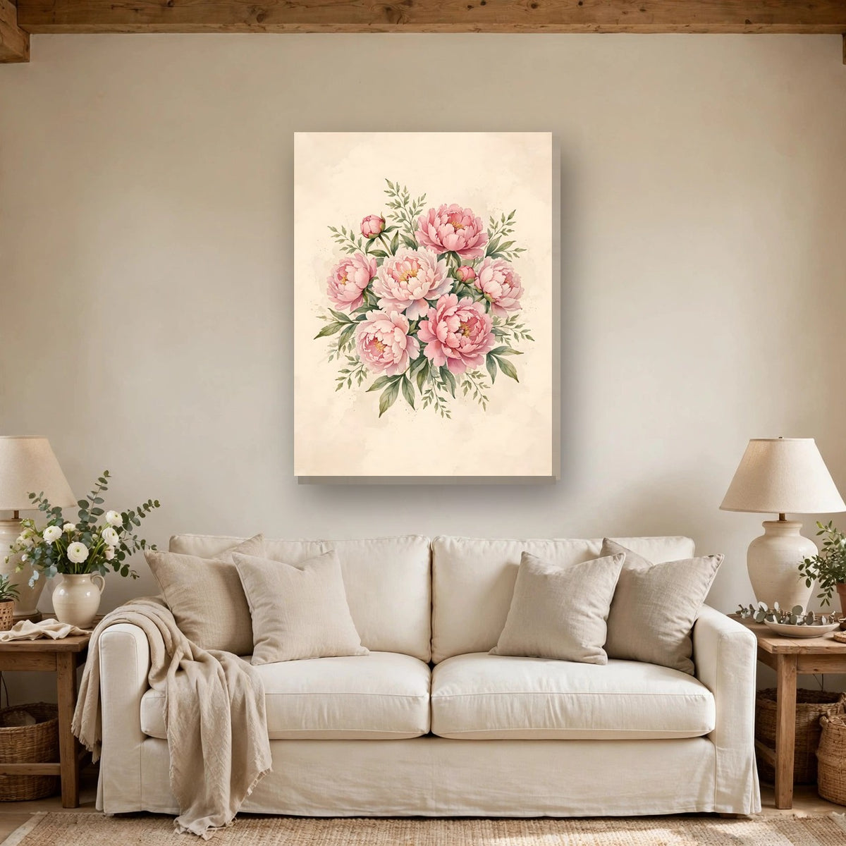 Pink Peonies Watercolor Canvas Wall Art hanging above a sofa