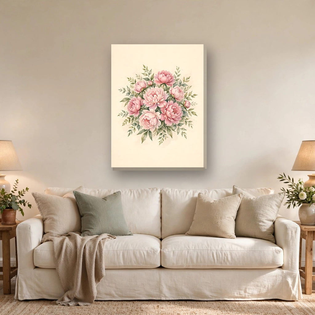 Pink Peonies Watercolor Canvas Wall Art – Style 2 hanging above a sofa