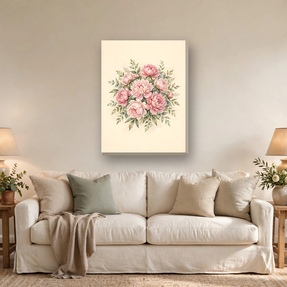 Pink Peonies Watercolor Canvas Wall Art – Style 2 hanging above a sofa