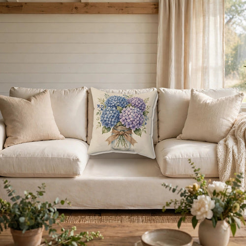 Blue Hydrangeas in a Mason Jar Throw Pillow on a cozy sofa