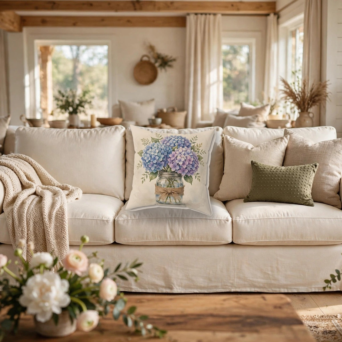Blue Hydrangeas in a Mason Jar Throw Pillow – Style 2 on a cozy sofa