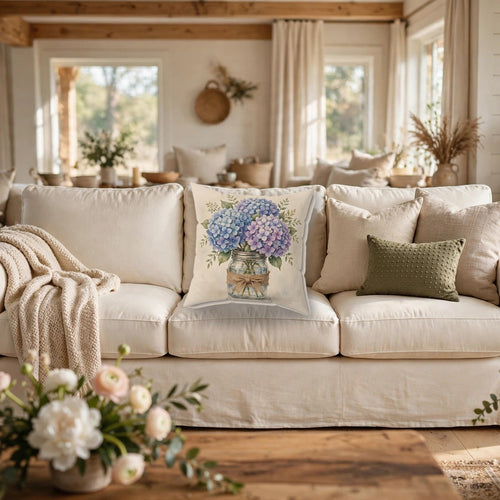 Blue Hydrangeas in a Mason Jar Throw Pillow – Style 2 on a cozy sofa
