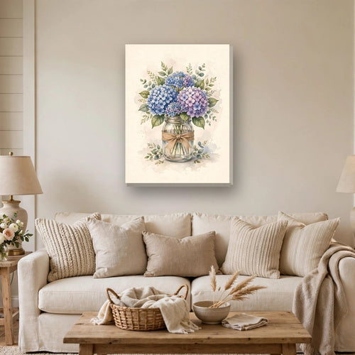 Blue Hydrangeas in a Mason Jar Canvas Wall Art hanging above a sofa