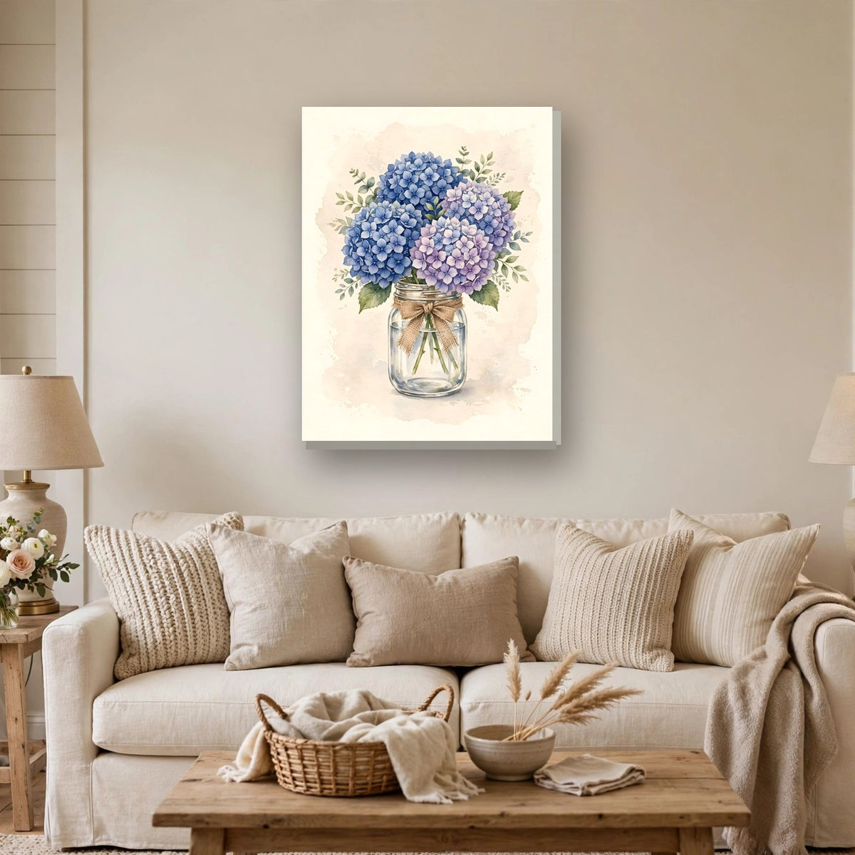 Blue Hydrangeas in a Mason Jar Canvas Wall Art – Style 2 hanging above a sofa