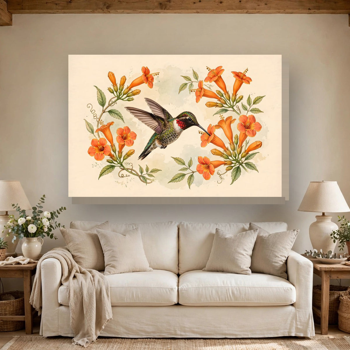 Hummingbird and Trumpet Flowers Canvas Wall Art hanging above a sofa