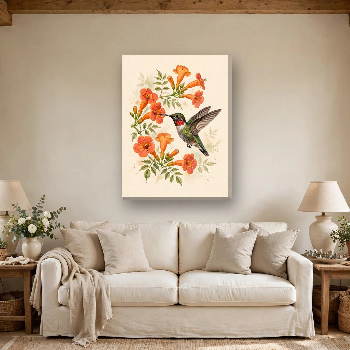 Hummingbird and Trumpet Flowers Canvas Wall Art – Style 2 hanging above a sofa