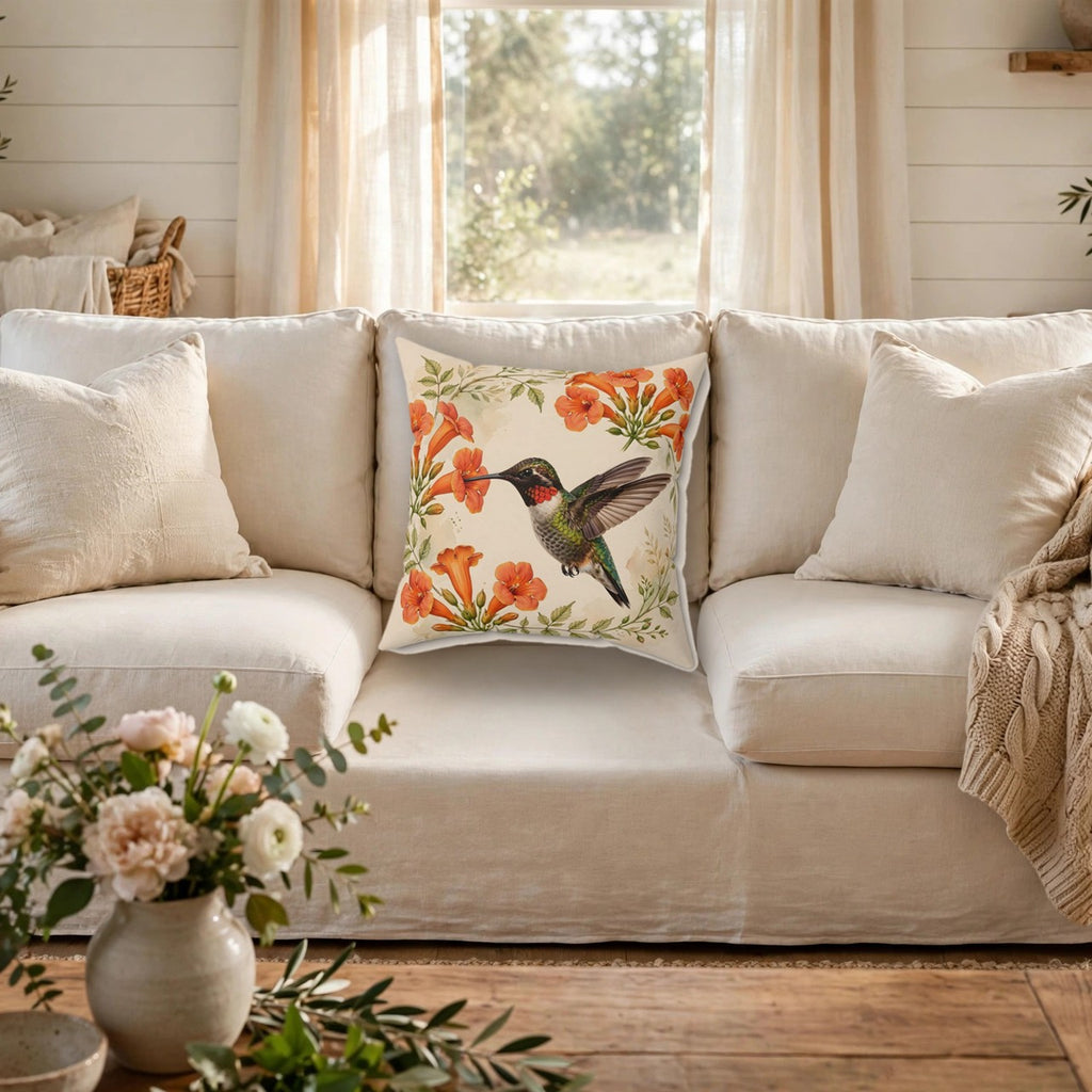 Hummingbird and Trumpet Flowers Throw Pillow on a cozy sofa