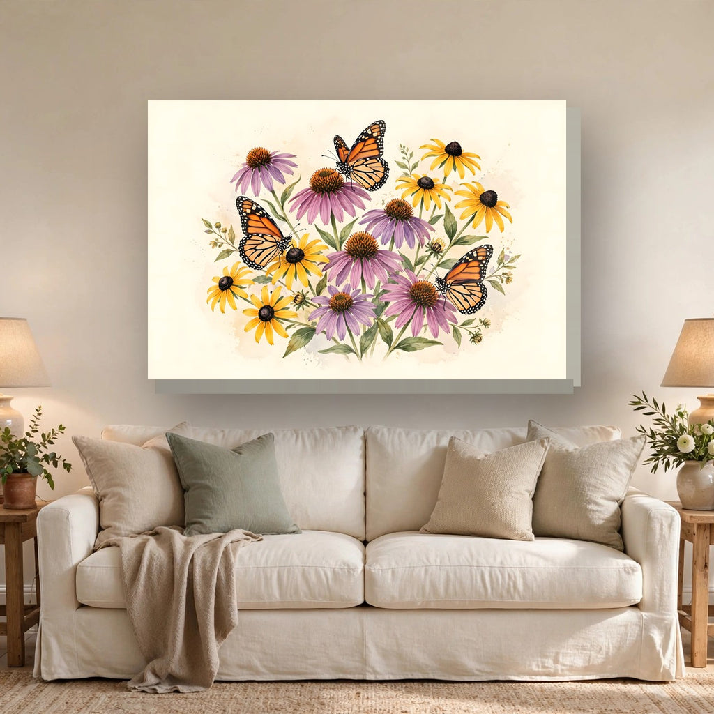 Monarch Butterflies and Wildflowers Canvas Wall Art hanging above a sofa
