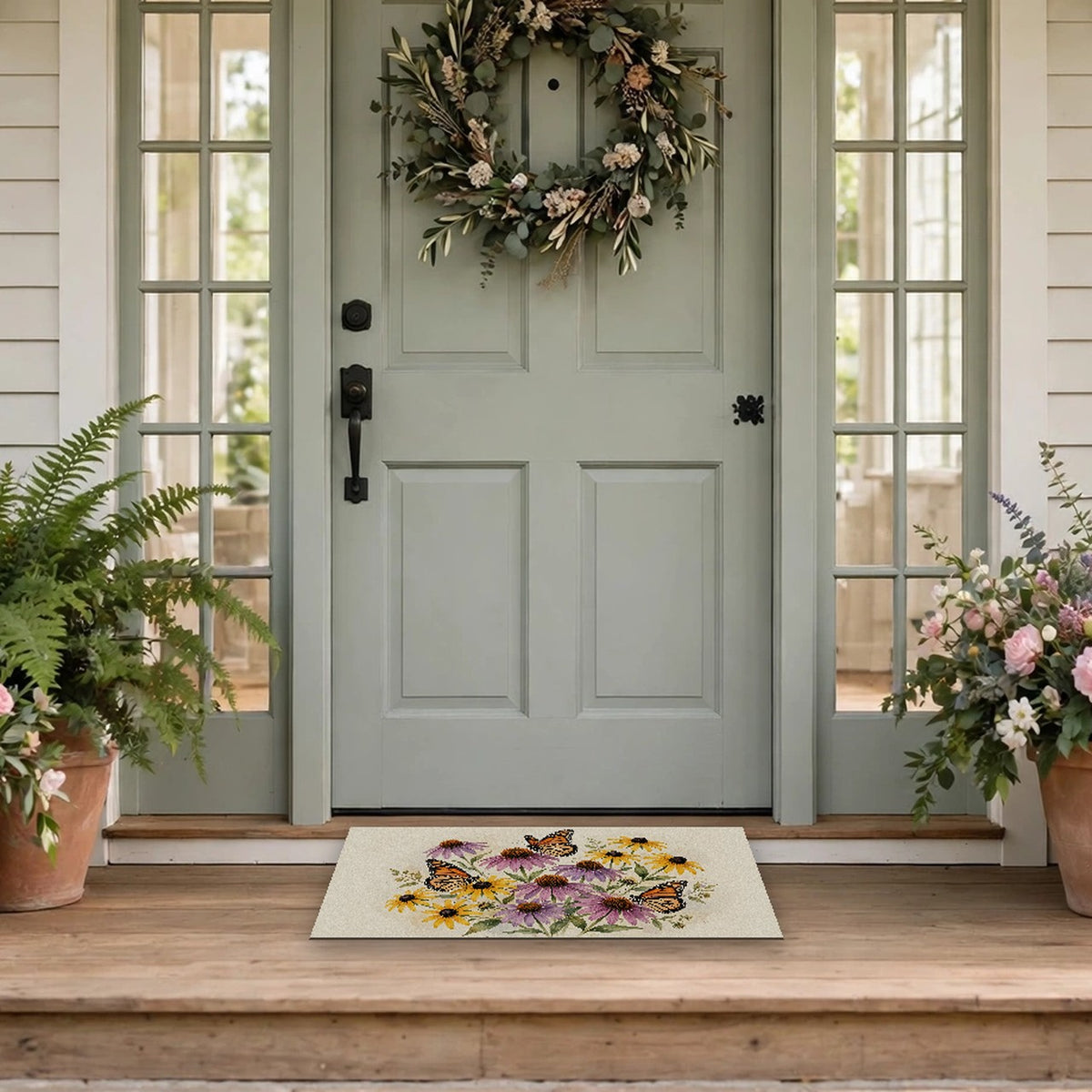 Monarch Butterflies and Wildflowers Doormat at a front door