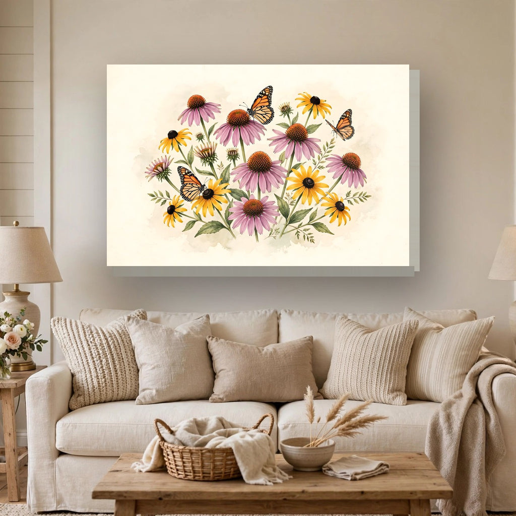 Monarch Butterflies and Wildflowers Canvas Wall Art – Style 2 hanging above a sofa