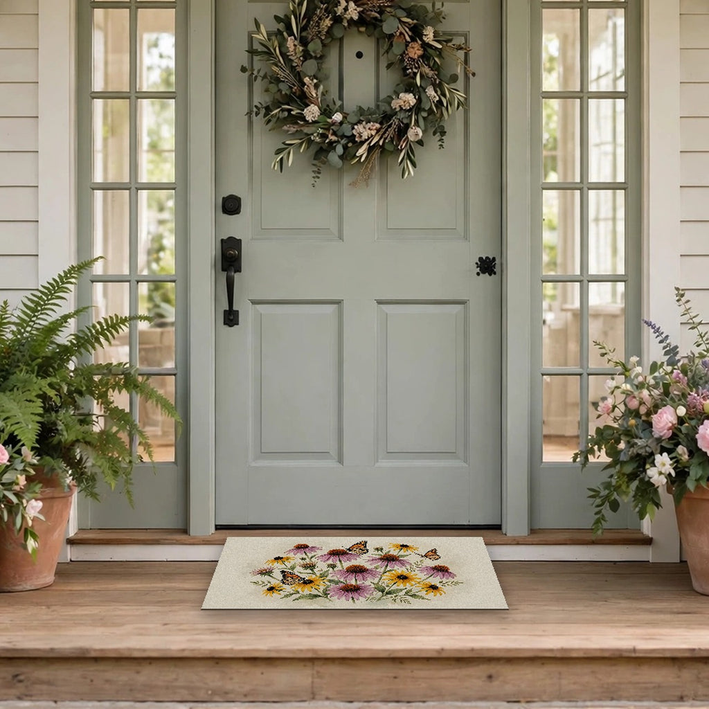 Monarch Butterflies and Wildflowers Doormat – Style 2 at a front door