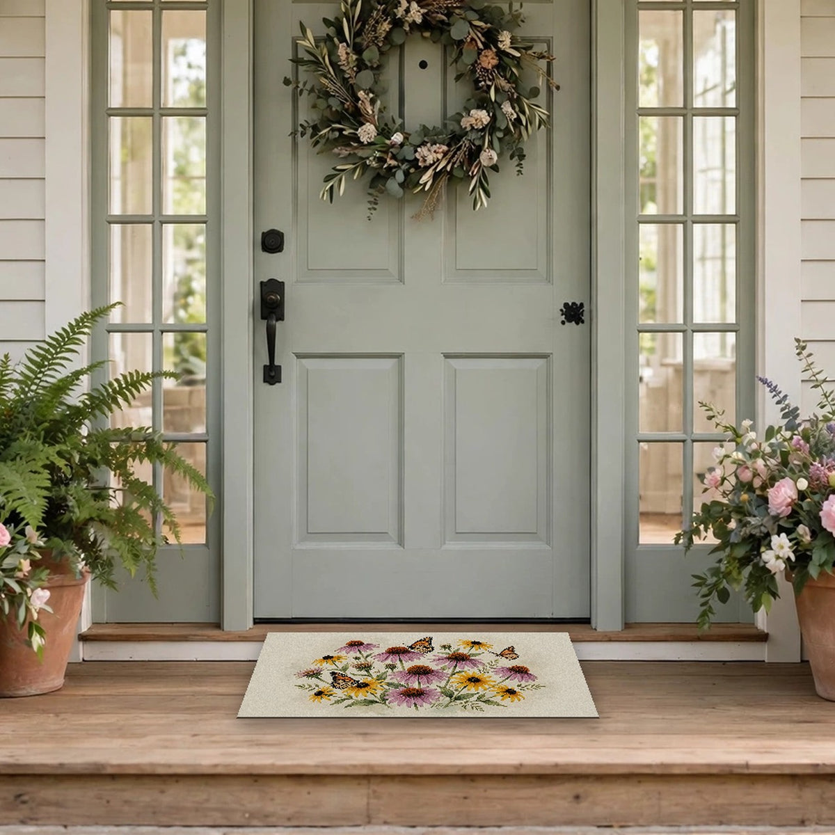 Monarch Butterflies and Wildflowers Doormat – Style 2 at a front door