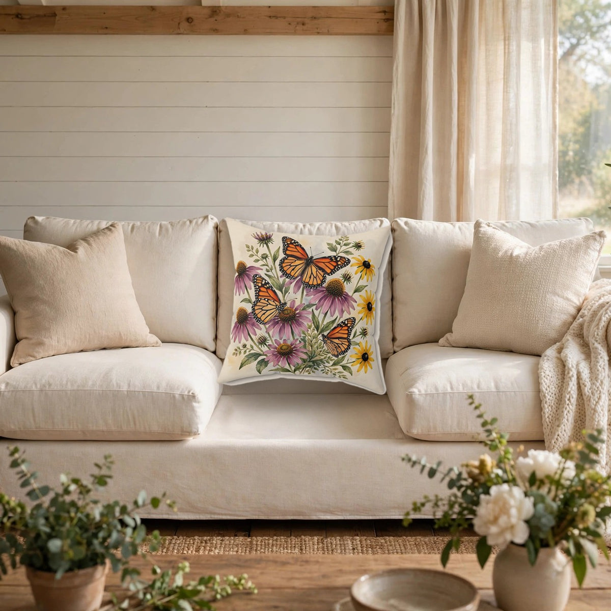 Monarch Butterflies and Wildflowers Throw Pillow on a cozy sofa