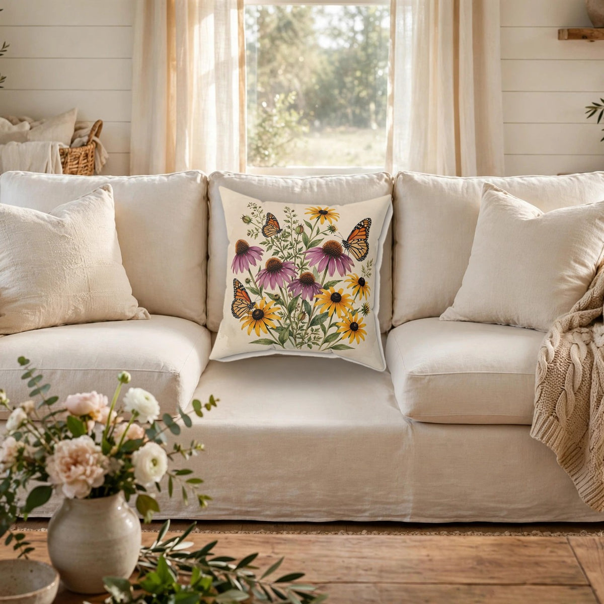 Monarch Butterflies and Wildflowers Throw Pillow – Style 2 on a cozy sofa