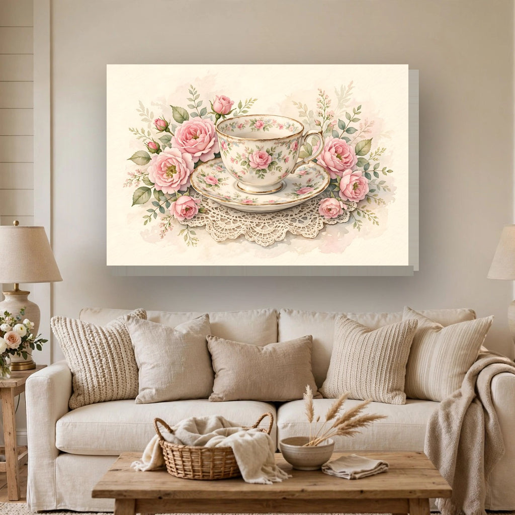 Roses and Vintage Teacup Canvas Wall Art hanging above a sofa