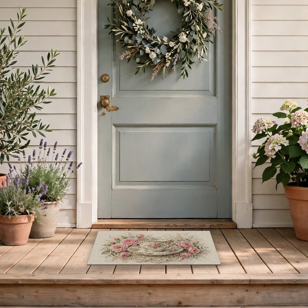 Roses and Vintage Teacup Doormat at a front door