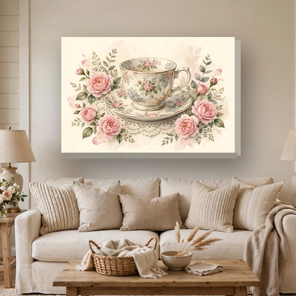 Roses and Vintage Teacup Canvas Wall Art – Style 2 hanging above a sofa