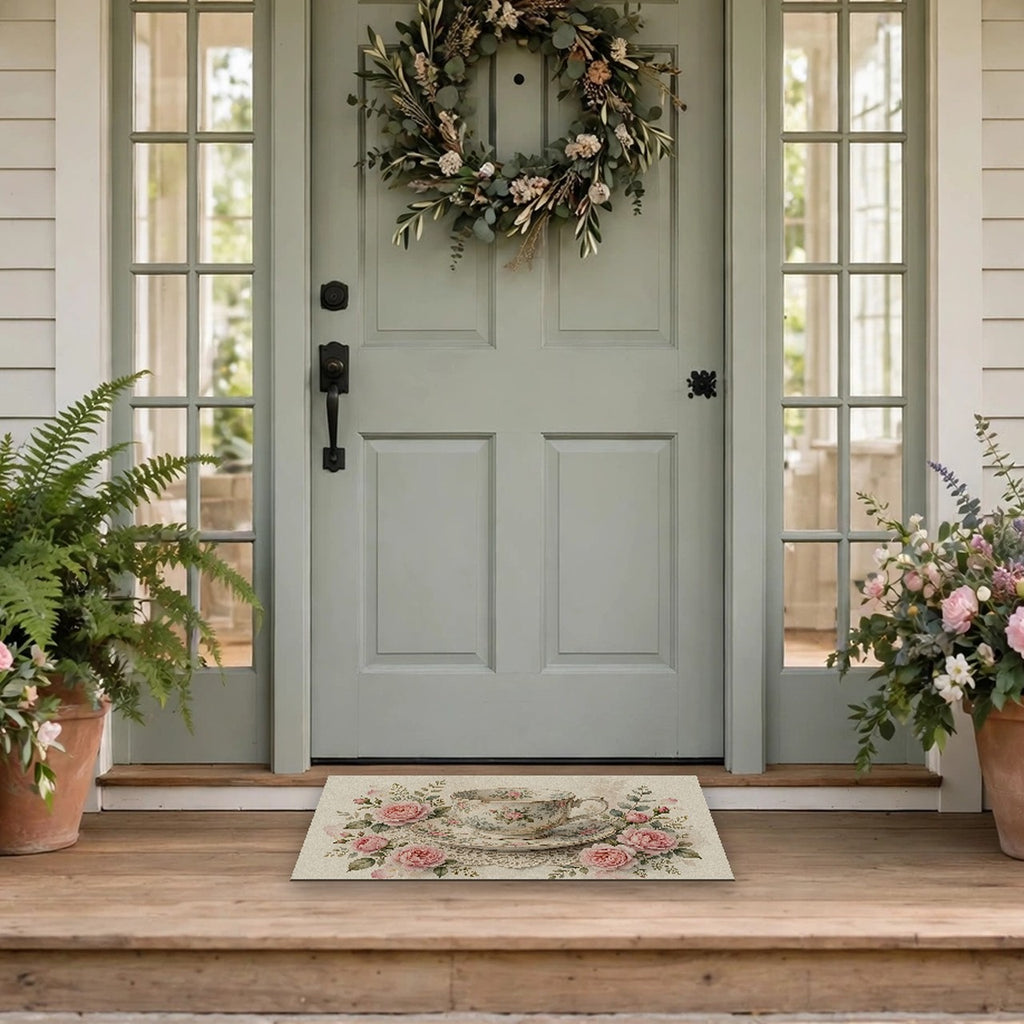 Roses and Vintage Teacup Doormat – Style 2 at a front door